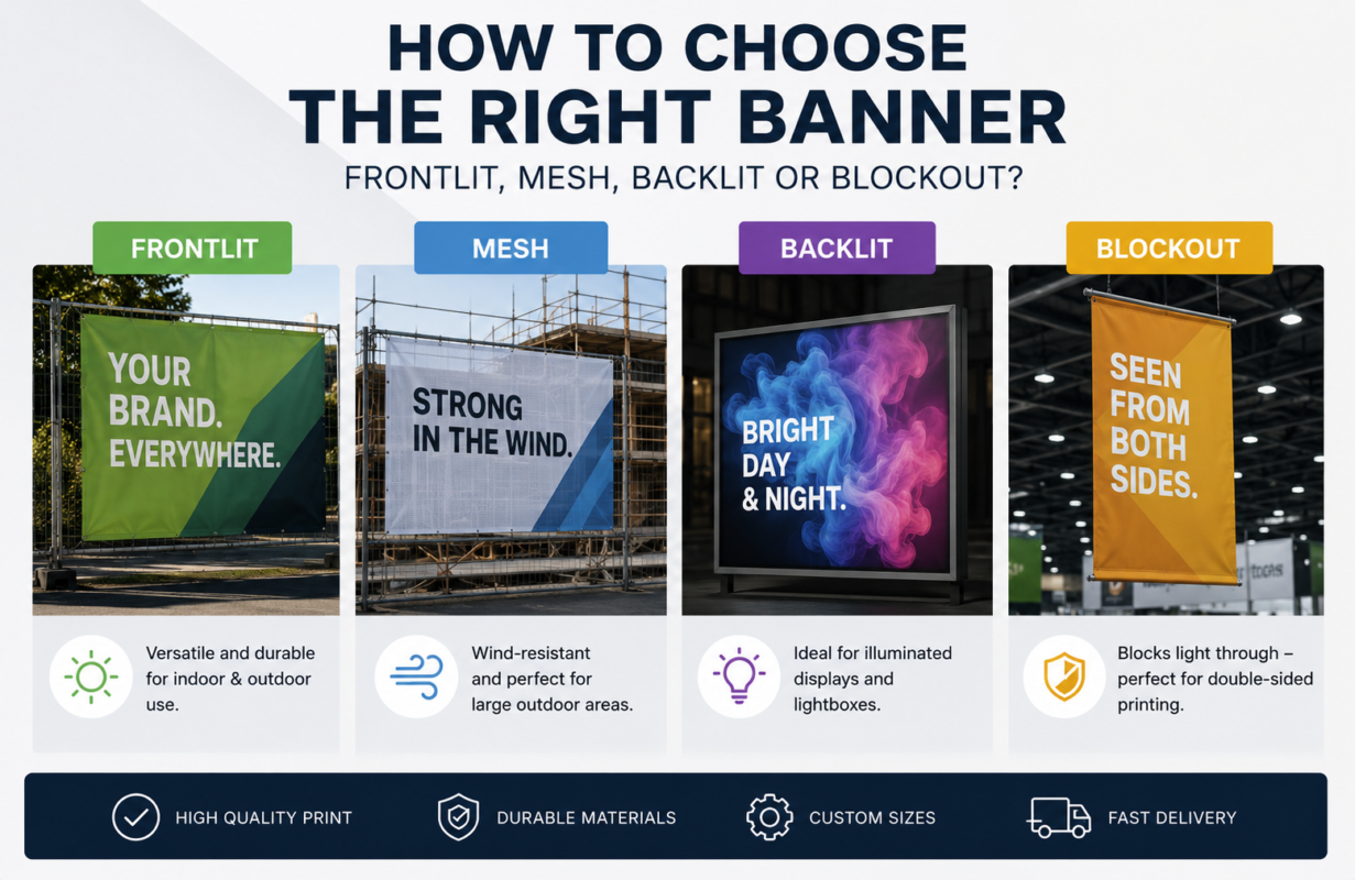 How to choose the right banner for your business – Frontlit, Mesh, Backlit and Blockout banners