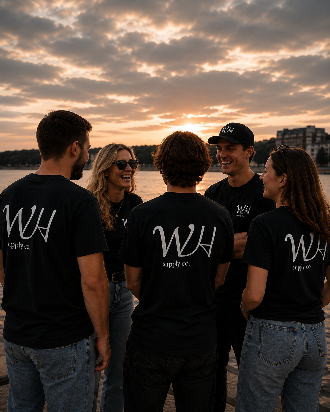 Personer i profilkläder med företagslogga vid ett event utomhus.