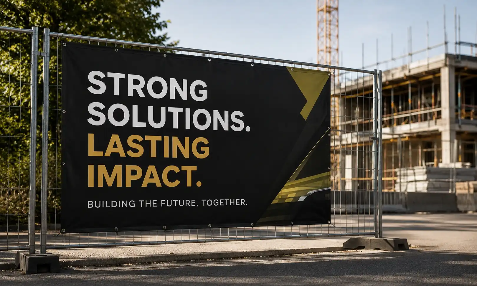 Large branded banner displayed on construction site fencing for business advertising.