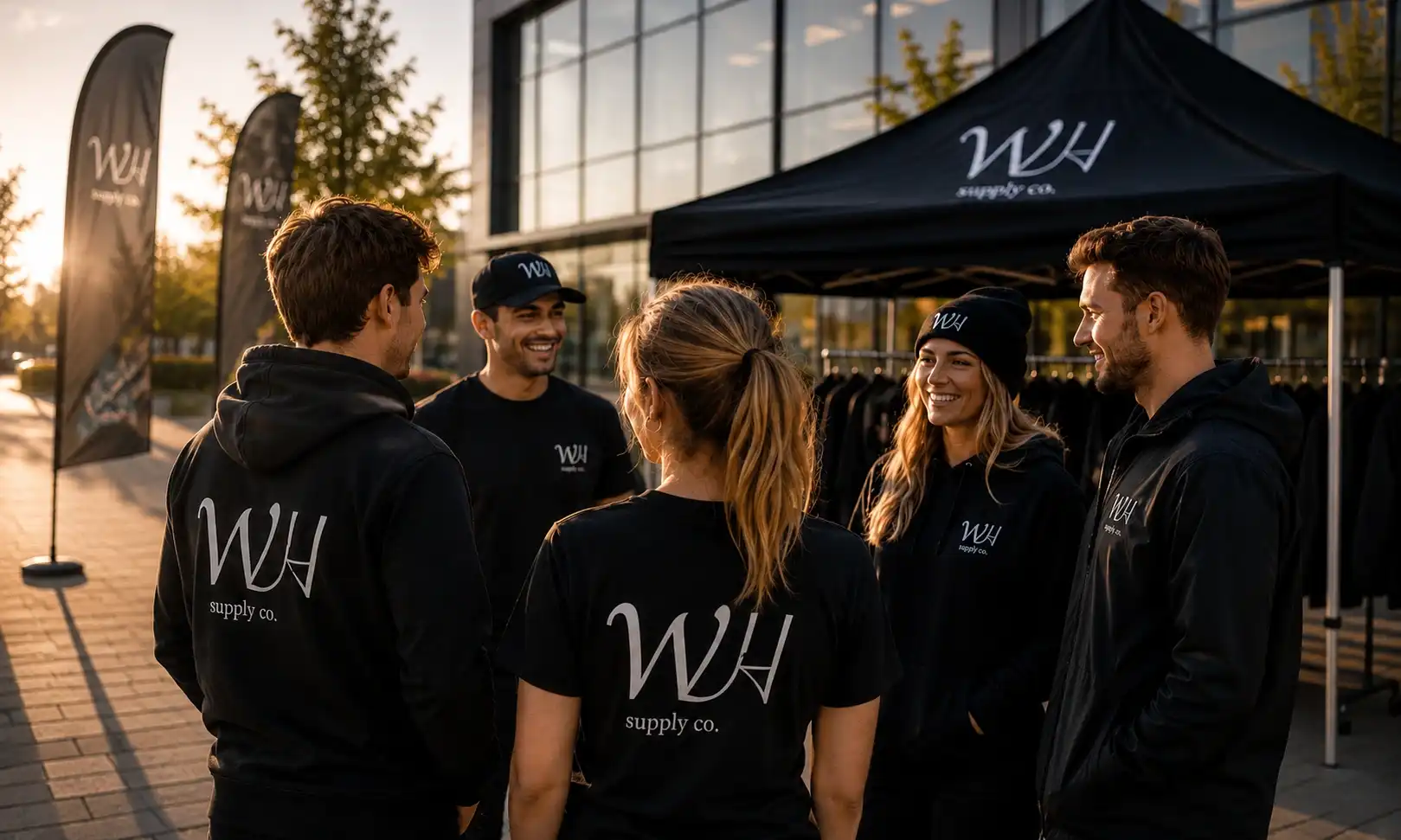 Branded workwear and promotional clothing with custom WH Supply Co. branding at an outdoor event