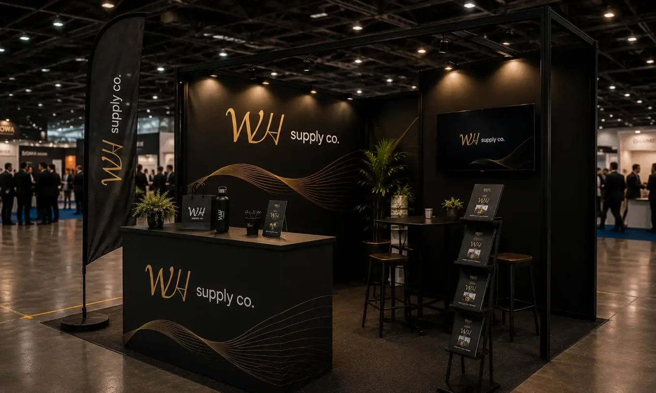 Branded event display booth with banner and promotional materials at a trade show