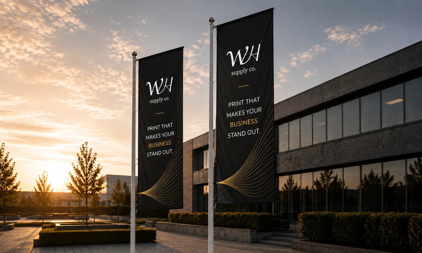 Two branded black flagpole flags from WH Supply Co. displayed outside a modern office building.