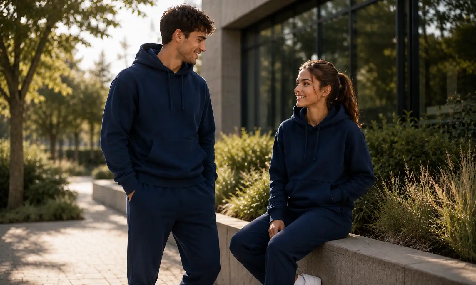 Matching navy blue hoodies and sweatpants worn by a man and woman outdoors