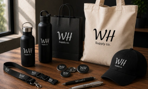 Branded promotional products including tote bags, bottles, caps and accessories