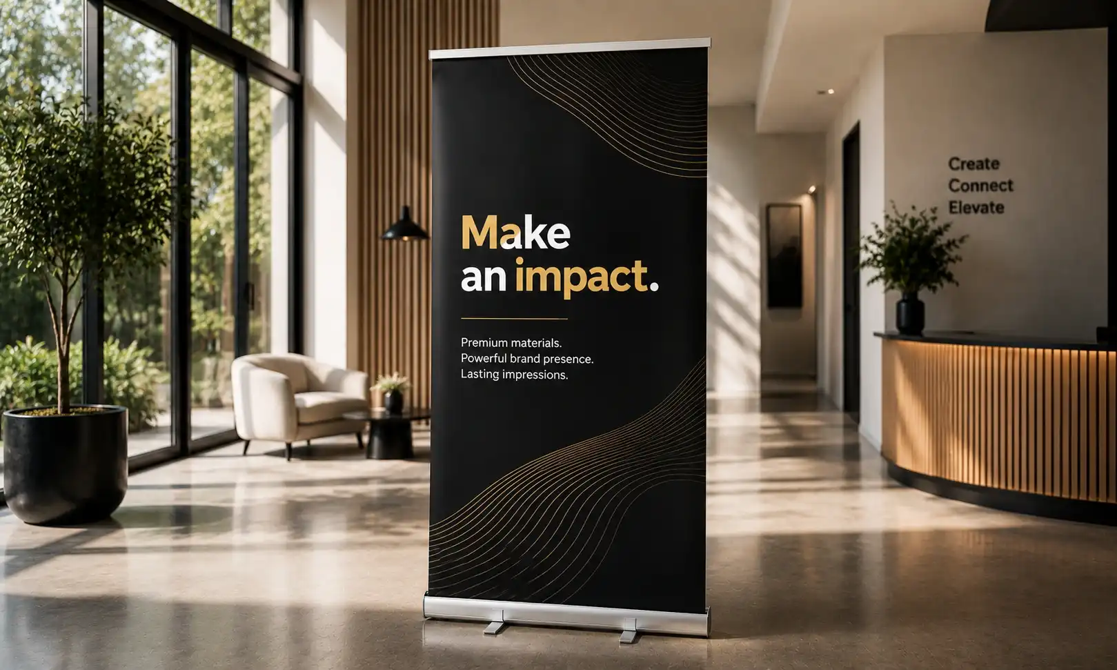 Branded roll-up banner displayed in a modern business reception area