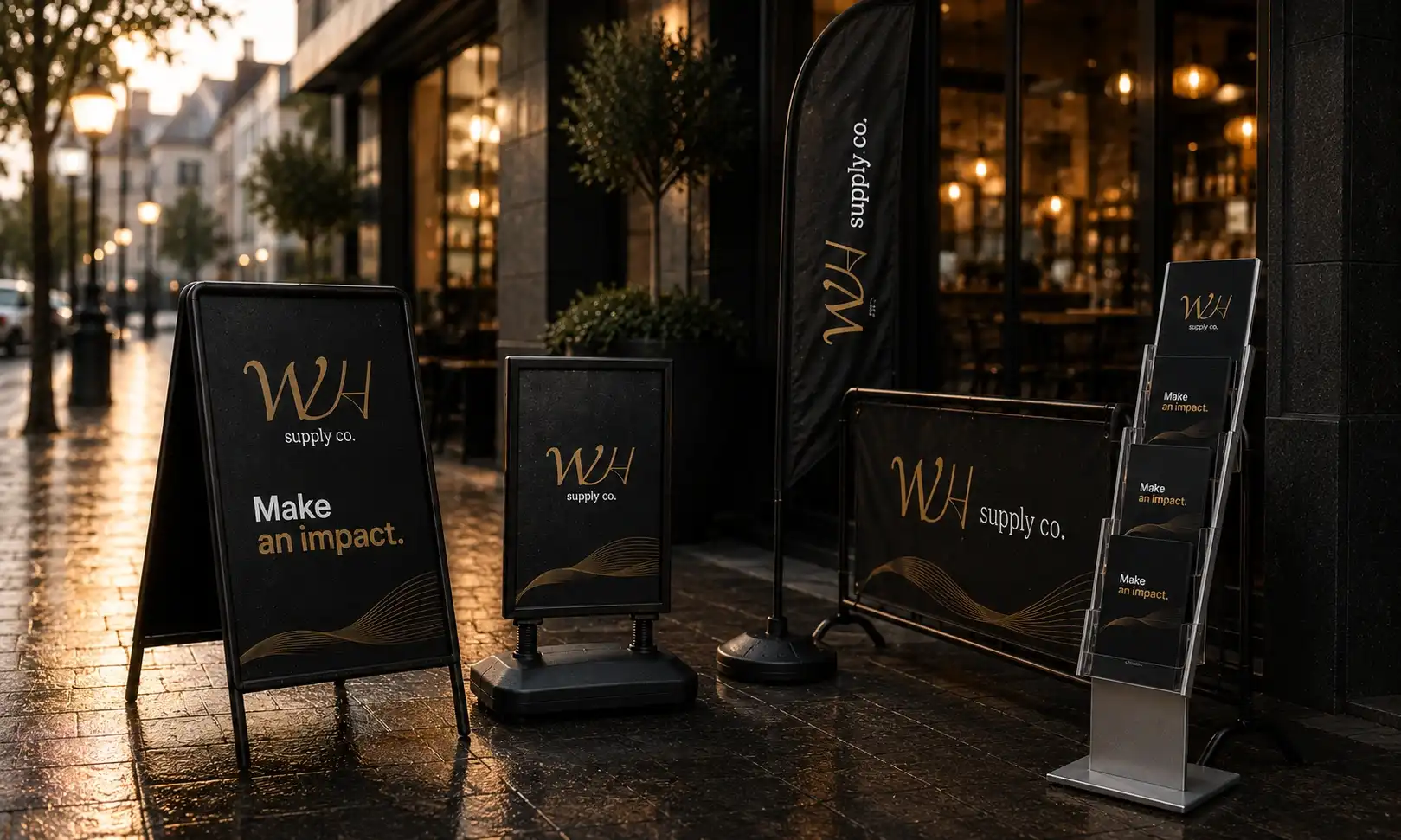 Branded signs, A-frame sign and display stands outside a business