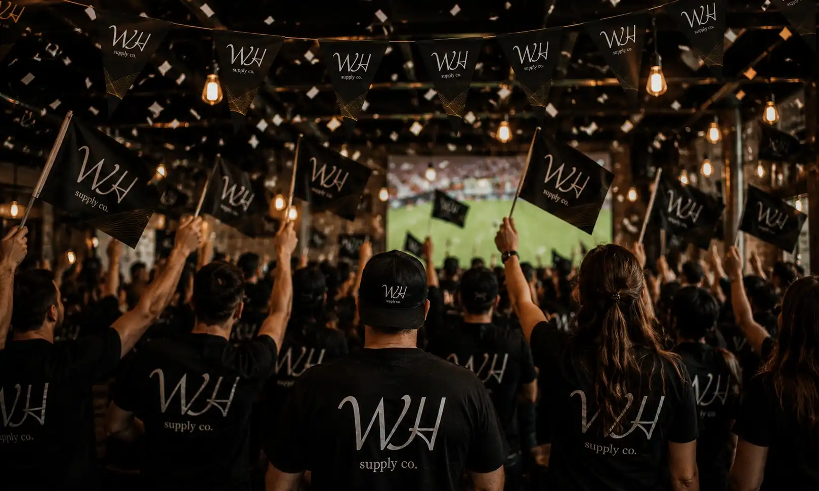 Supporter flags and branded flags at a sports event