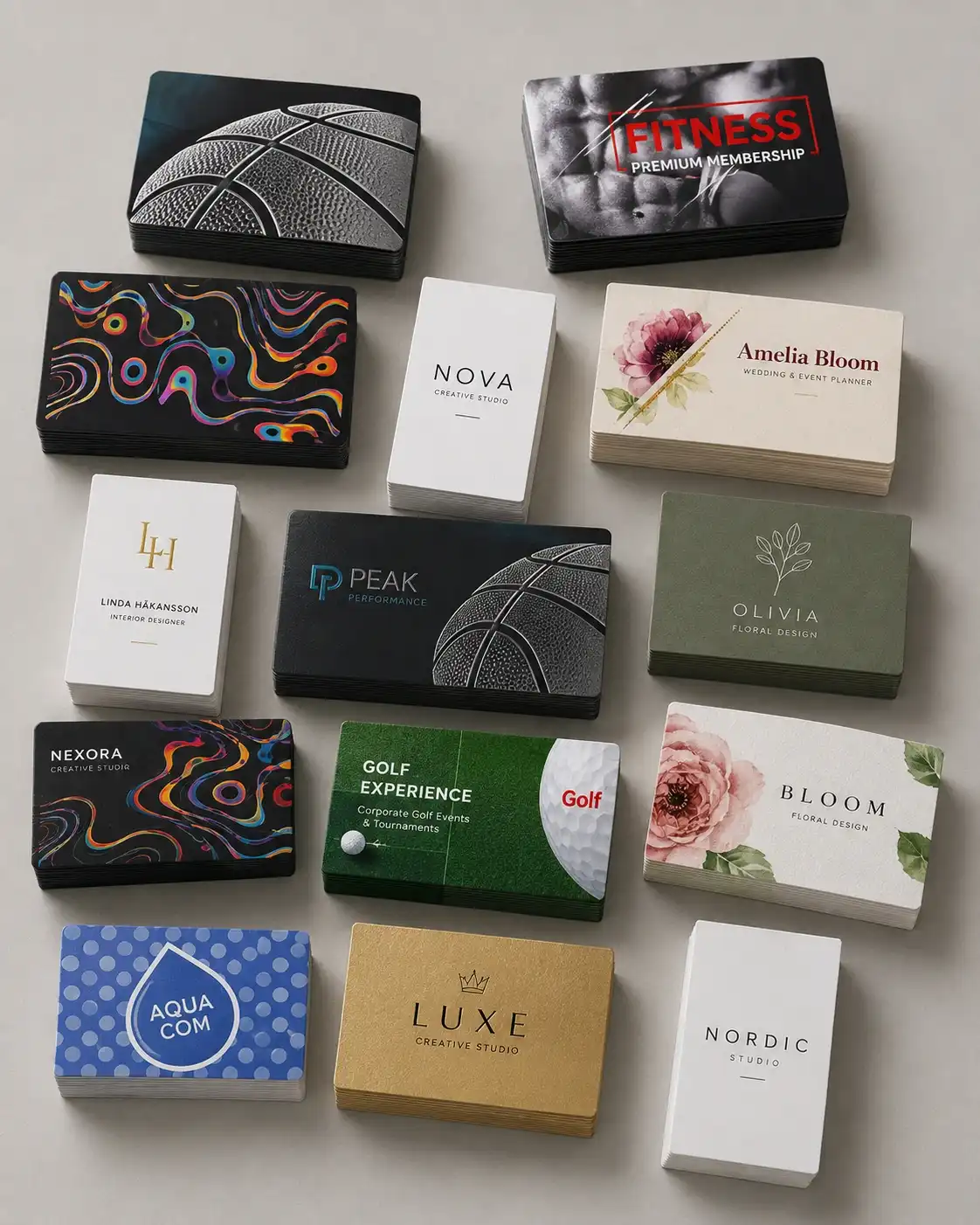 Custom printed business cards in various paper finishes and designs
