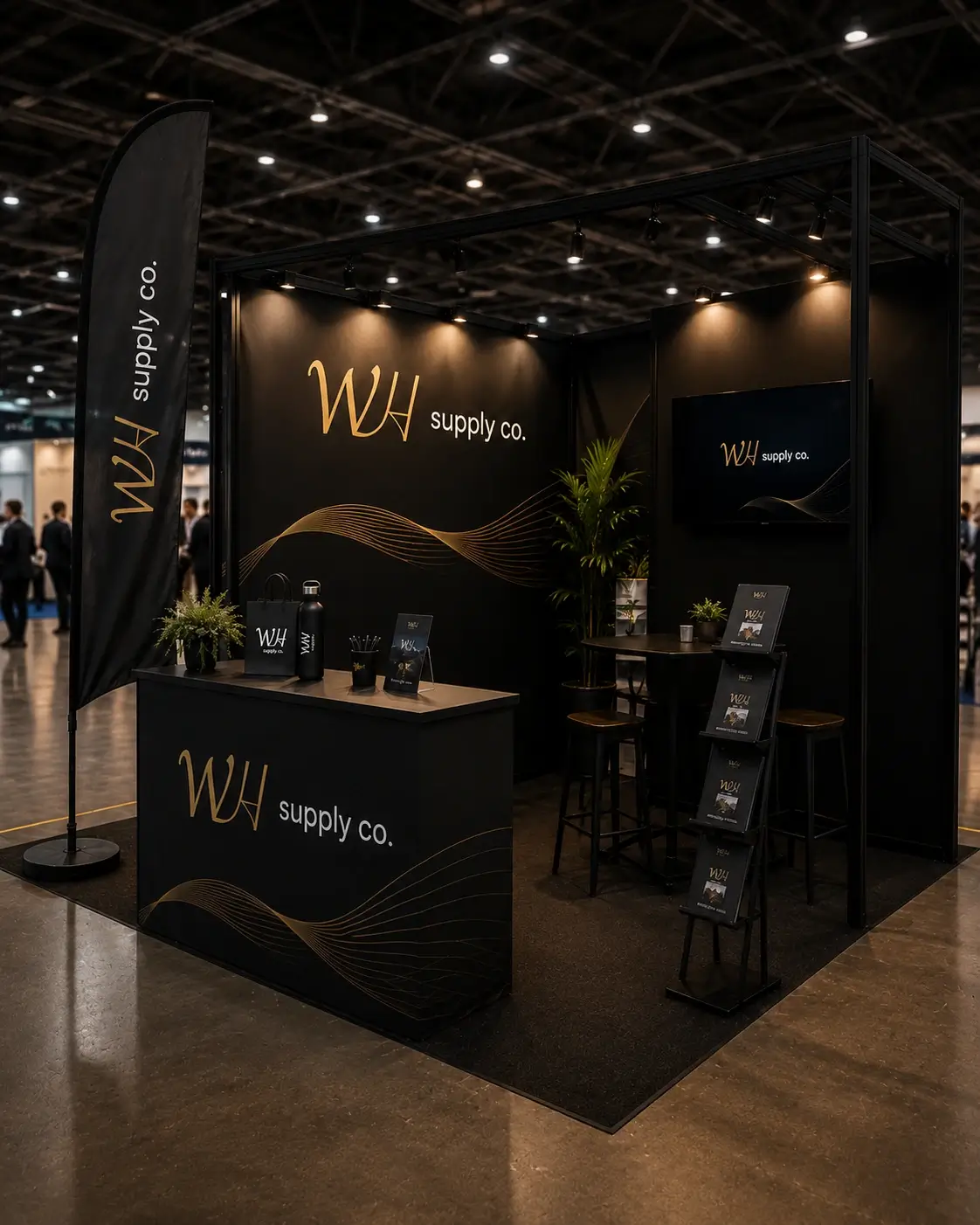 Branded event display stand with custom flags, counter and promotional materials
