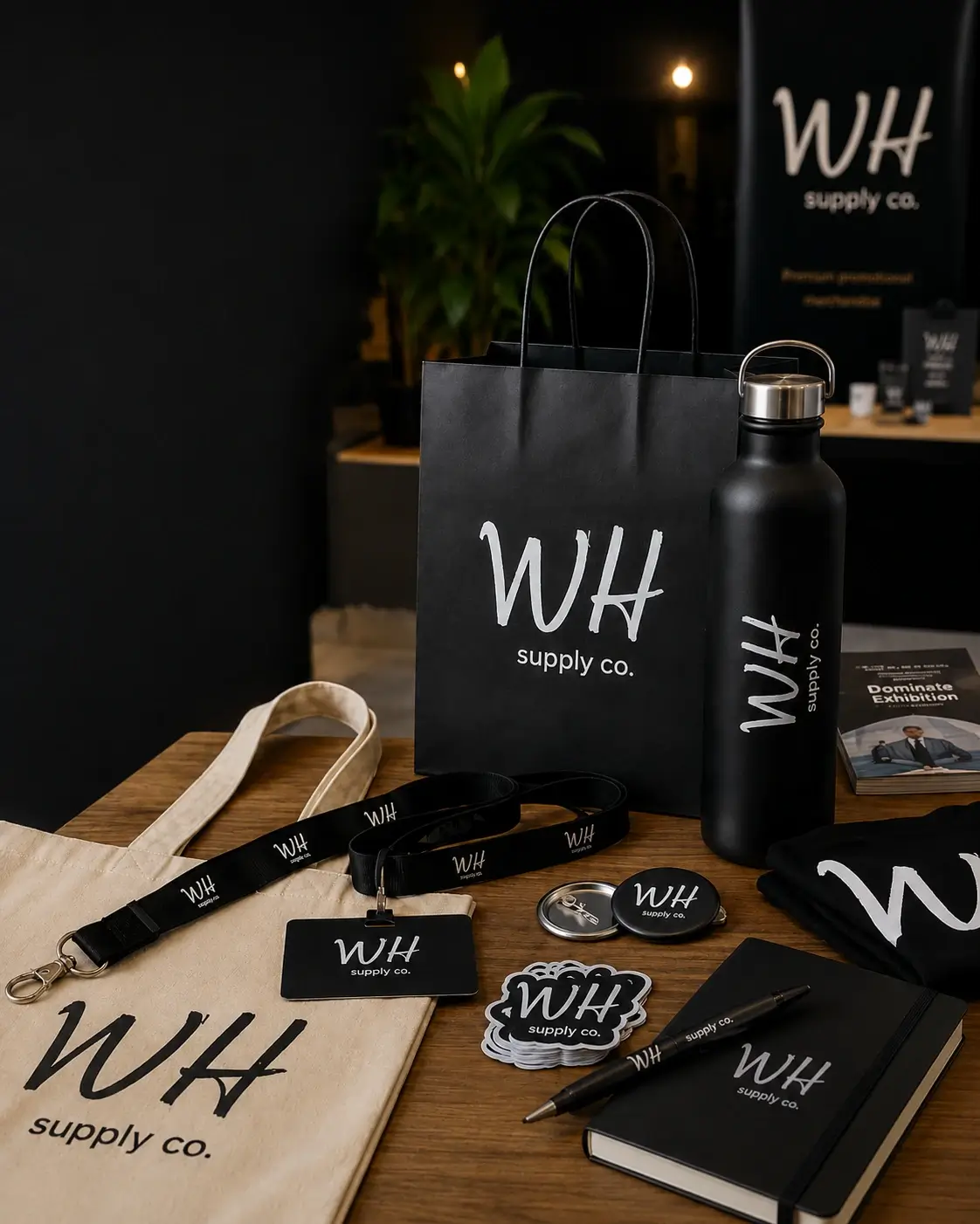 Branded promotional products and event materials including bags, bottles and merchandise