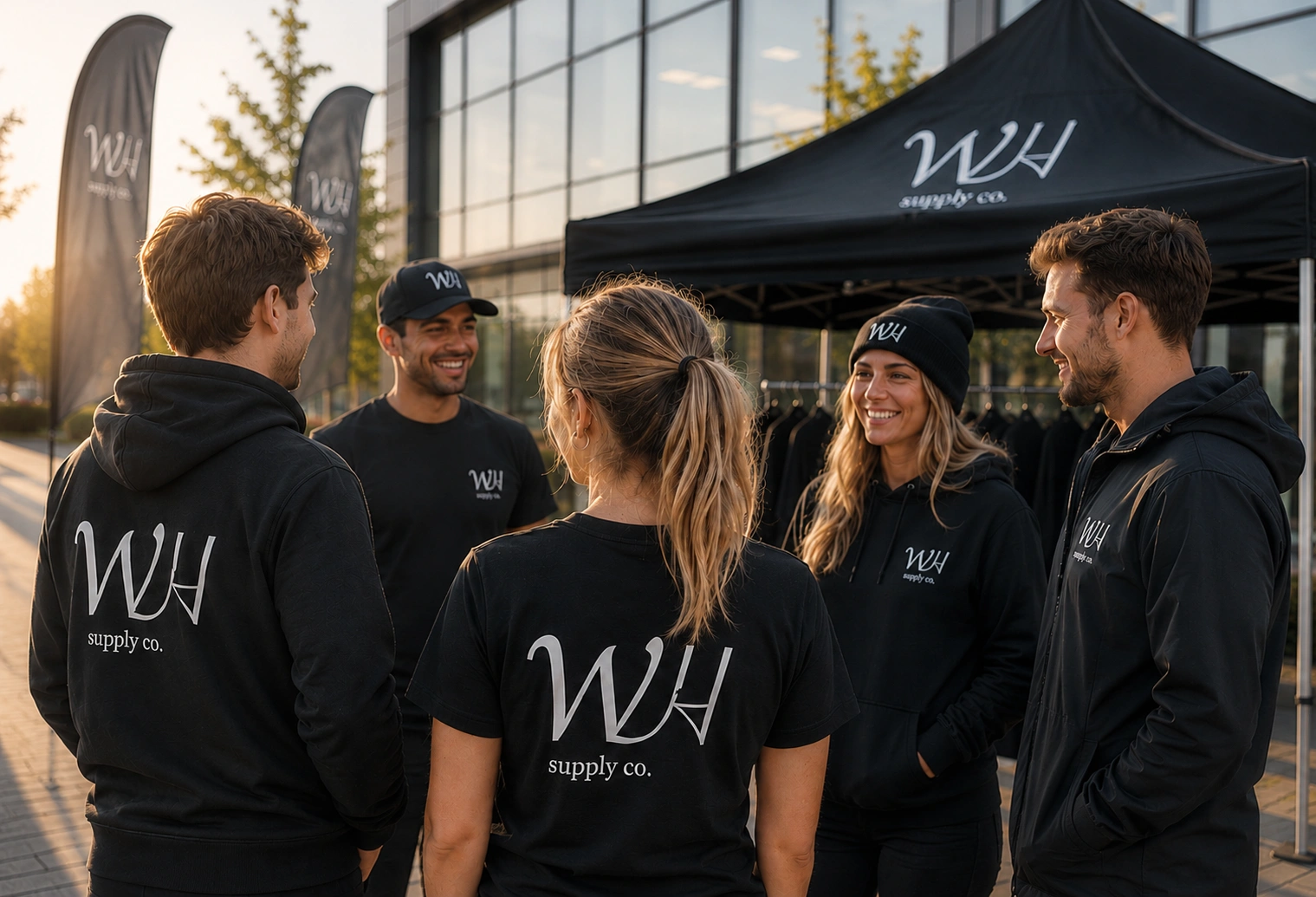 Team wearing custom branded apparel for business and events