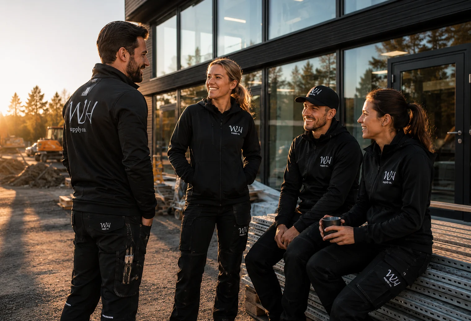 Team wearing branded workwear and apparel by WH Supply Co.