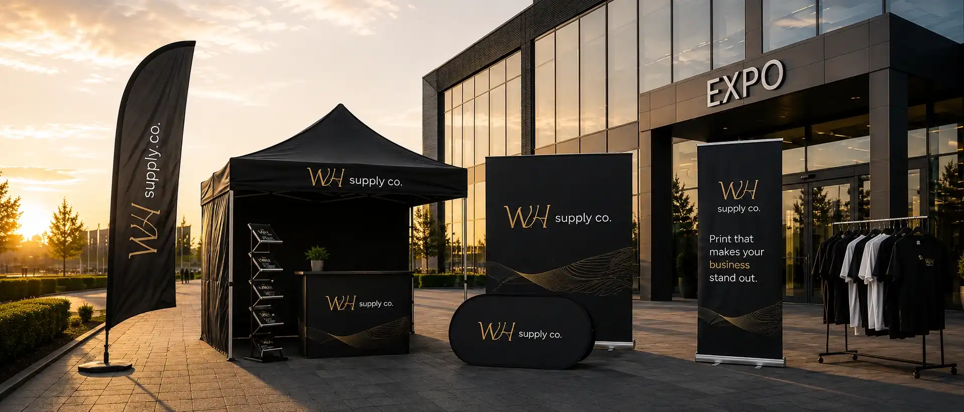 Custom event tent, flags and branded event materials