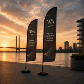 Custom event materials including branded flags and exhibition displays