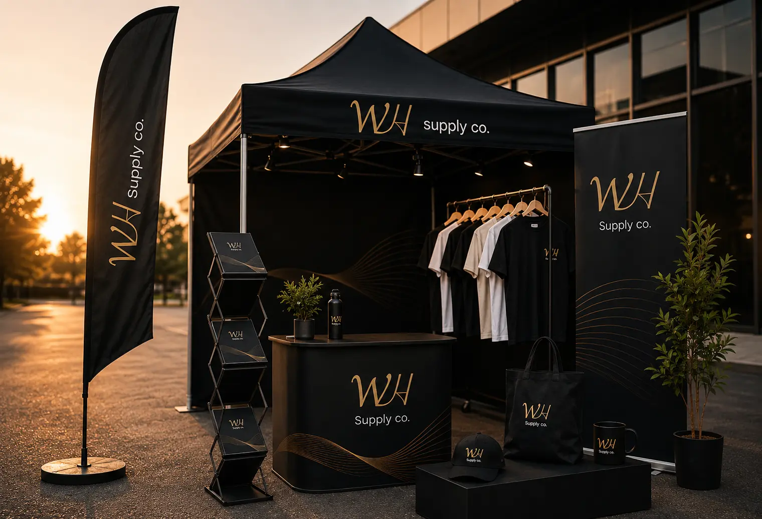 Complete branded event setup with tent, flags, display counter and promotional materials