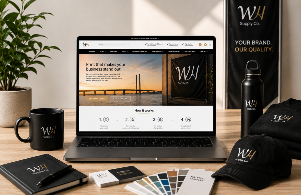 WH Supply Co. website launch featuring custom printed products including banners, flags, exhibition displays, promotional products and branded clothing for businesses in Sweden and Denmark.